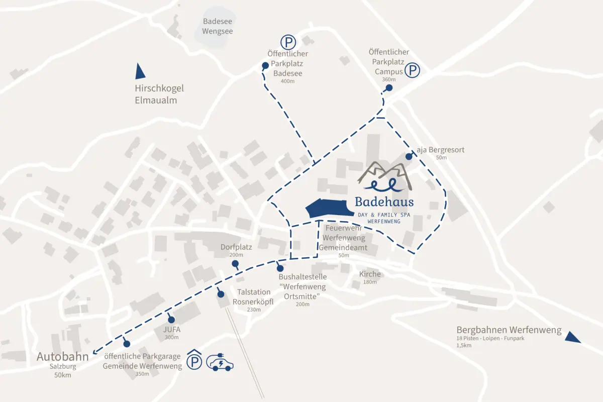 Lageplan Badehaus Stadtkarte mit Textbeschriftungen vom Badehaus Werfenweng.