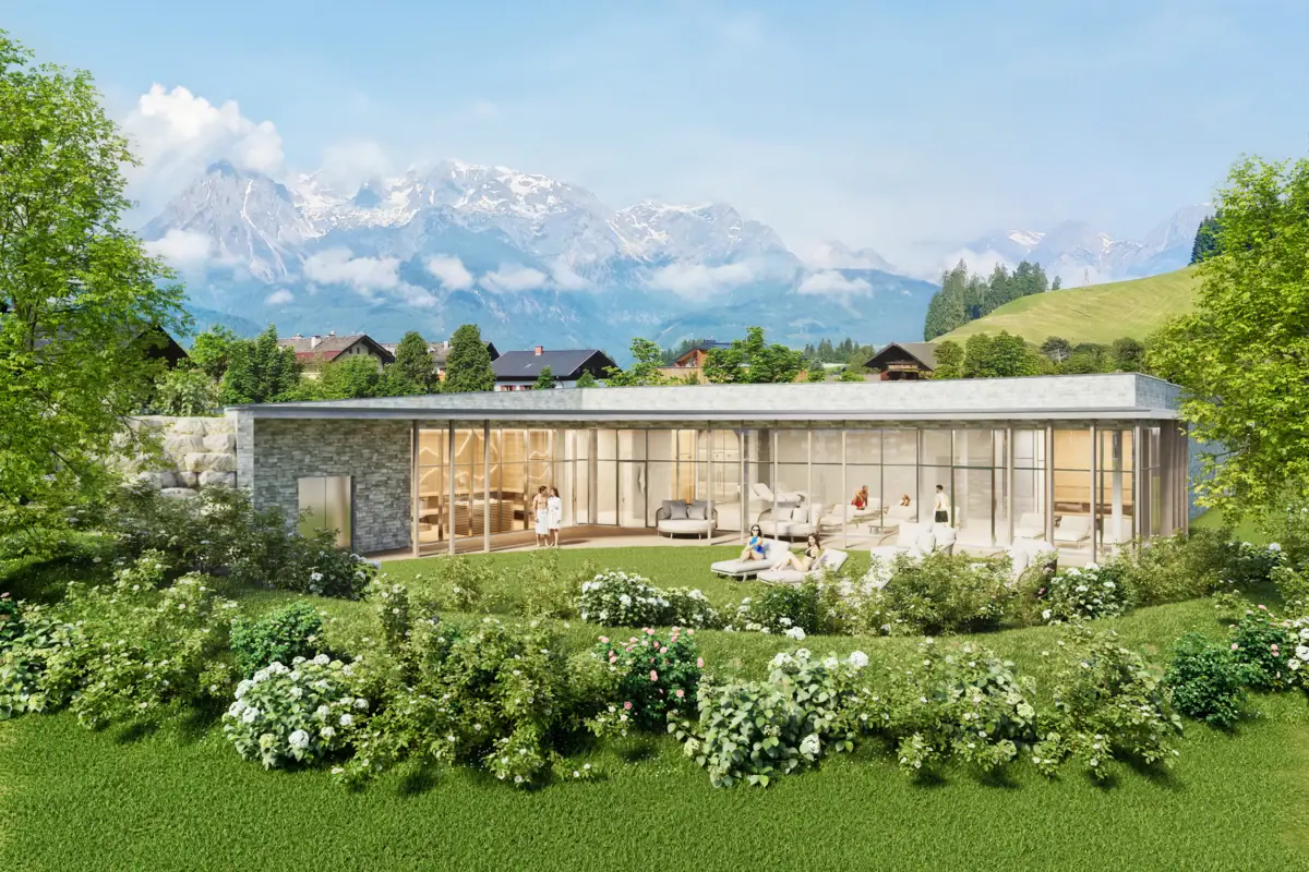 Badehaus Werfenweng Außenaufnahmen vom Badehaus Werfenweng mit viel Grün