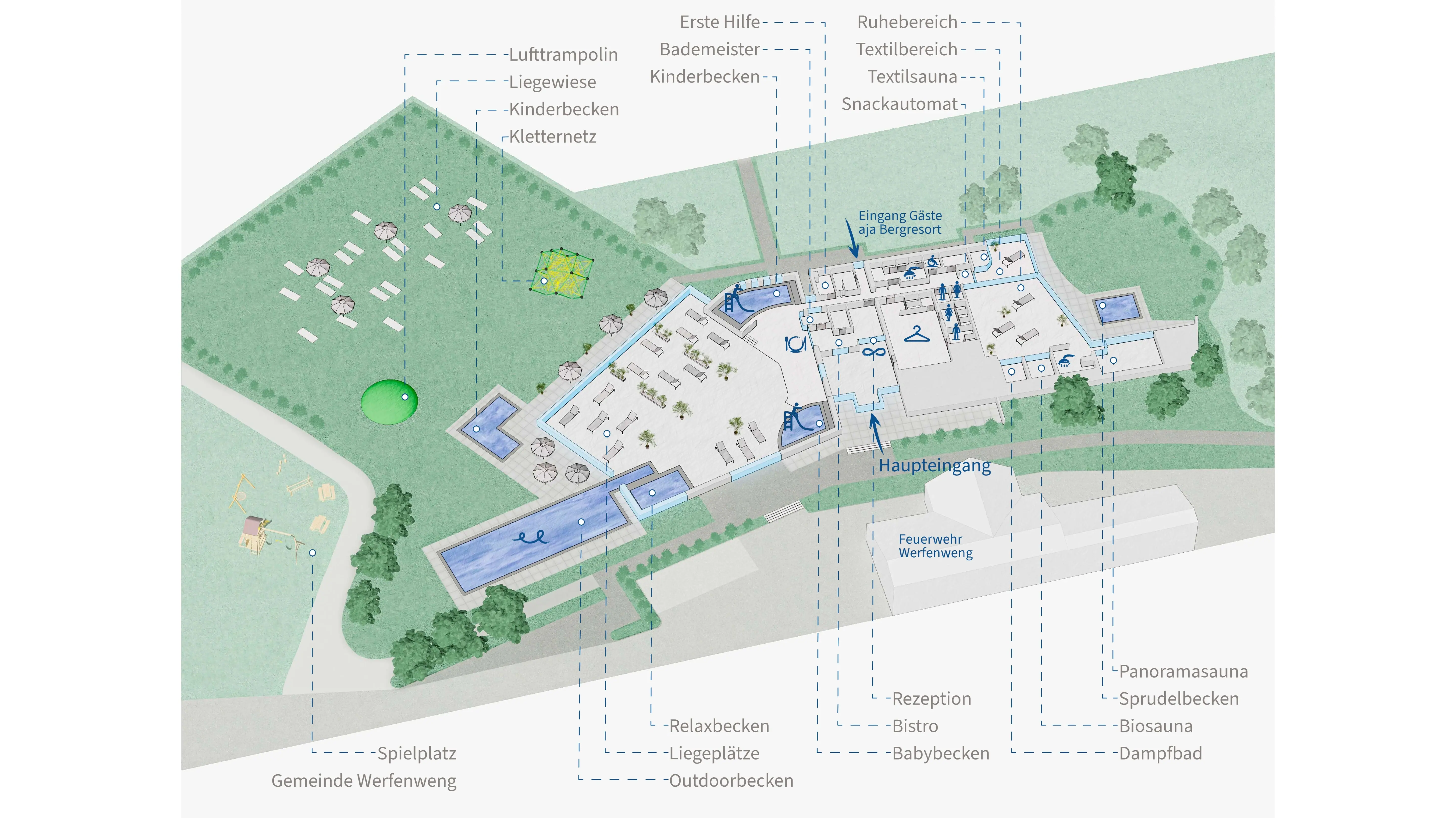 Orientierungsplan Der Plan zeigt den Eingang und die Lage der einzelnen Bereiche, Pools, Saunen vom Badehaus Werfenweng.